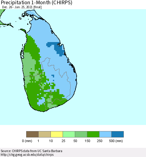 Sri Lanka Precipitation 1-Month (CHIRPS) Thematic Map For 12/26/2020 - 1/25/2021