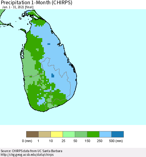 Sri Lanka Precipitation 1-Month (CHIRPS) Thematic Map For 1/1/2021 - 1/31/2021