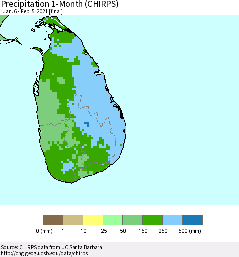 Sri Lanka Precipitation 1-Month (CHIRPS) Thematic Map For 1/6/2021 - 2/5/2021