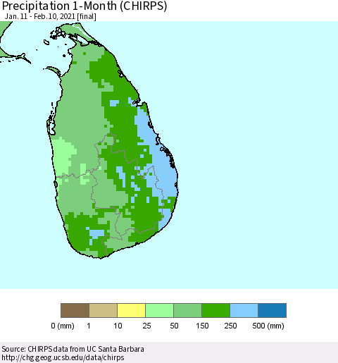 Sri Lanka Precipitation 1-Month (CHIRPS) Thematic Map For 1/11/2021 - 2/10/2021