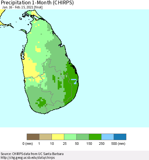 Sri Lanka Precipitation 1-Month (CHIRPS) Thematic Map For 1/16/2021 - 2/15/2021