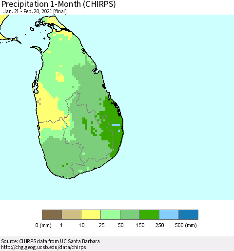Sri Lanka Precipitation 1-Month (CHIRPS) Thematic Map For 1/21/2021 - 2/20/2021