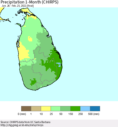 Sri Lanka Precipitation 1-Month (CHIRPS) Thematic Map For 1/26/2021 - 2/25/2021