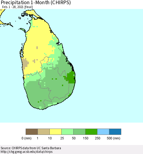 Sri Lanka Precipitation 1-Month (CHIRPS) Thematic Map For 2/1/2021 - 2/28/2021