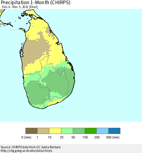 Sri Lanka Precipitation 1-Month (CHIRPS) Thematic Map For 2/6/2021 - 3/5/2021