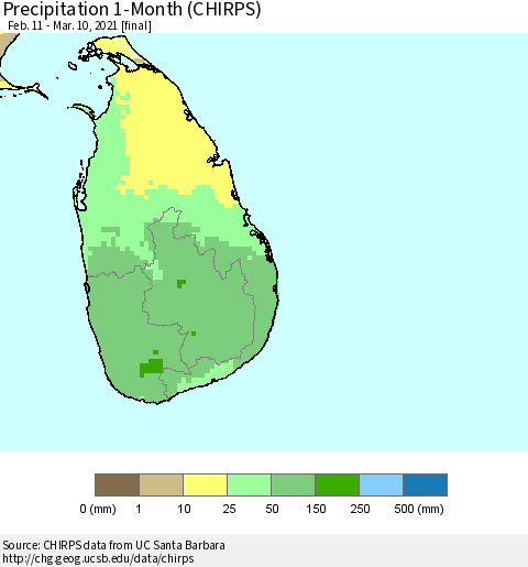Sri Lanka Precipitation 1-Month (CHIRPS) Thematic Map For 2/11/2021 - 3/10/2021