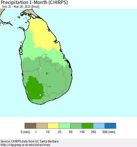 Sri Lanka Precipitation 1-Month (CHIRPS) Thematic Map For 2/21/2021 - 3/20/2021