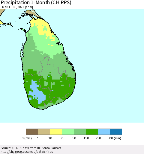 Sri Lanka Precipitation 1-Month (CHIRPS) Thematic Map For 3/1/2021 - 3/31/2021