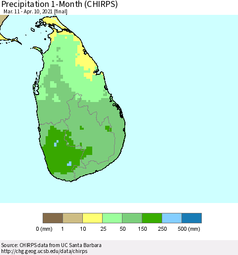 Sri Lanka Precipitation 1-Month (CHIRPS) Thematic Map For 3/11/2021 - 4/10/2021