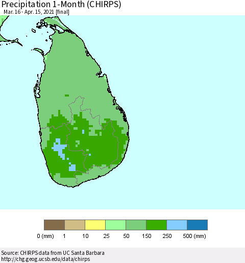 Sri Lanka Precipitation 1-Month (CHIRPS) Thematic Map For 3/16/2021 - 4/15/2021