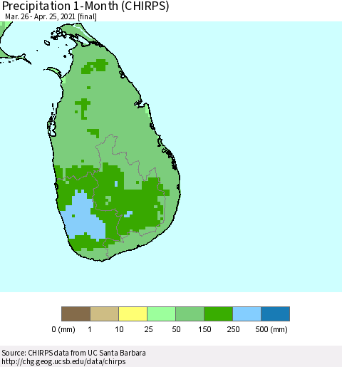 Sri Lanka Precipitation 1-Month (CHIRPS) Thematic Map For 3/26/2021 - 4/25/2021