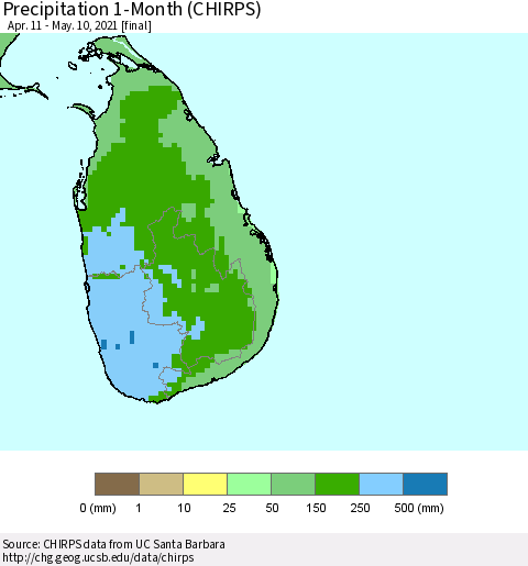 Sri Lanka Precipitation 1-Month (CHIRPS) Thematic Map For 4/11/2021 - 5/10/2021