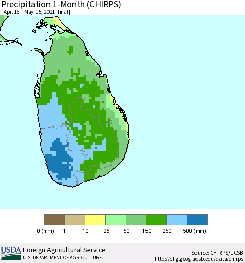 Sri Lanka Precipitation 1-Month (CHIRPS) Thematic Map For 4/16/2021 - 5/15/2021