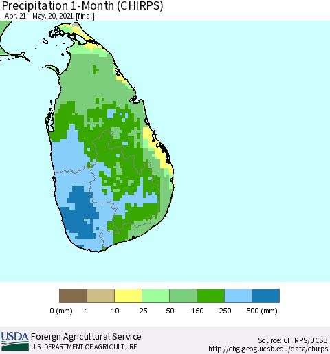 Sri Lanka Precipitation 1-Month (CHIRPS) Thematic Map For 4/21/2021 - 5/20/2021