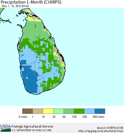 Sri Lanka Precipitation 1-Month (CHIRPS) Thematic Map For 5/1/2021 - 5/31/2021