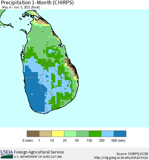 Sri Lanka Precipitation 1-Month (CHIRPS) Thematic Map For 5/6/2021 - 6/5/2021