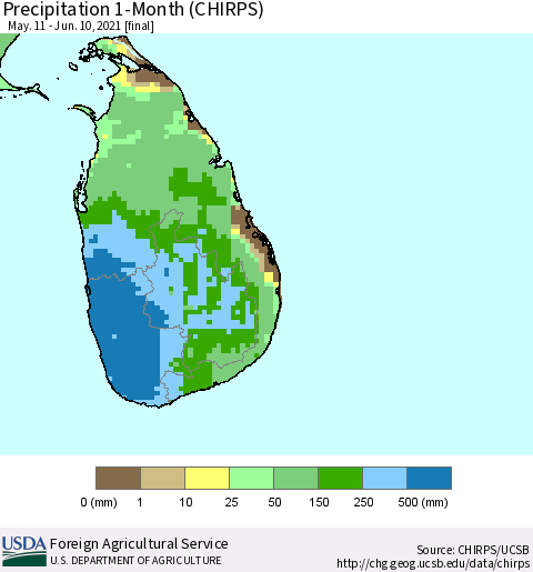 Sri Lanka Precipitation 1-Month (CHIRPS) Thematic Map For 5/11/2021 - 6/10/2021