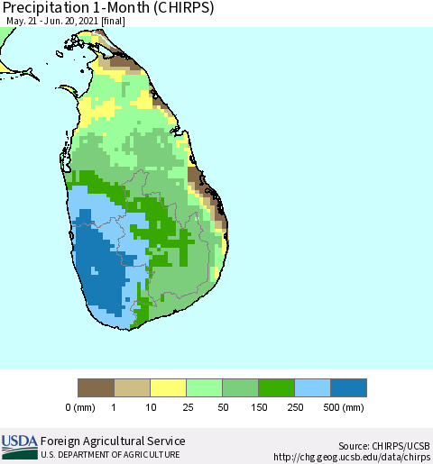 Sri Lanka Precipitation 1-Month (CHIRPS) Thematic Map For 5/21/2021 - 6/20/2021