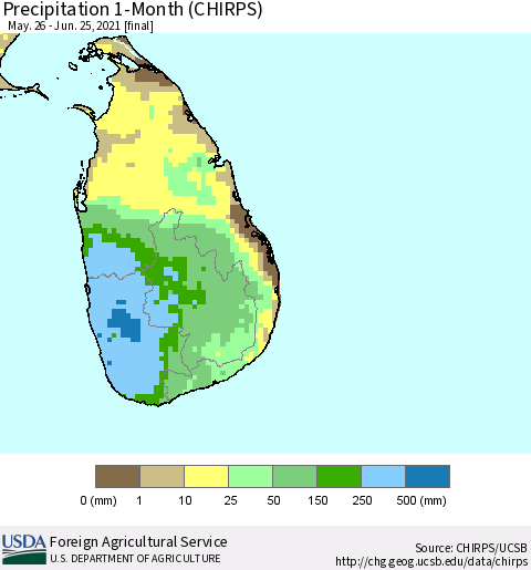 Sri Lanka Precipitation 1-Month (CHIRPS) Thematic Map For 5/26/2021 - 6/25/2021