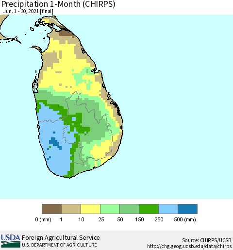 Sri Lanka Precipitation 1-Month (CHIRPS) Thematic Map For 6/1/2021 - 6/30/2021