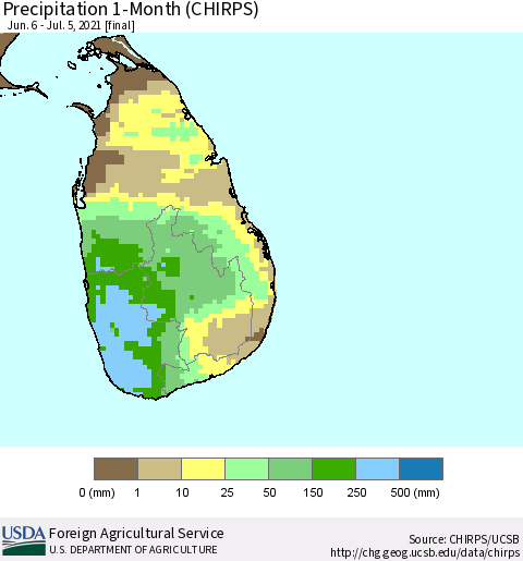 Sri Lanka Precipitation 1-Month (CHIRPS) Thematic Map For 6/6/2021 - 7/5/2021