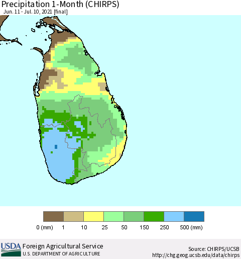 Sri Lanka Precipitation 1-Month (CHIRPS) Thematic Map For 6/11/2021 - 7/10/2021