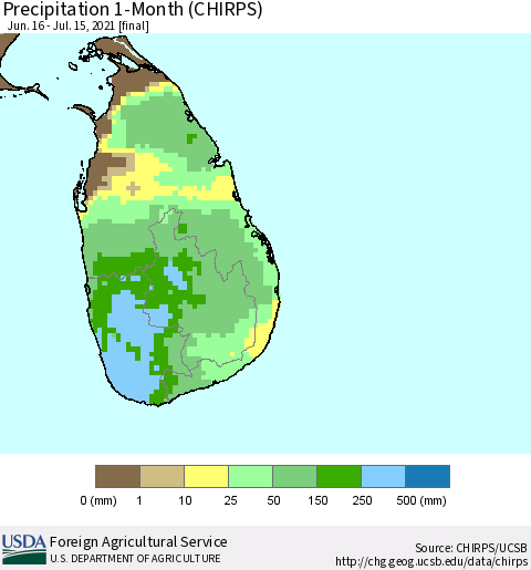Sri Lanka Precipitation 1-Month (CHIRPS) Thematic Map For 6/16/2021 - 7/15/2021