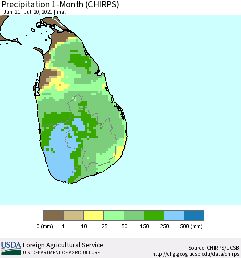 Sri Lanka Precipitation 1-Month (CHIRPS) Thematic Map For 6/21/2021 - 7/20/2021