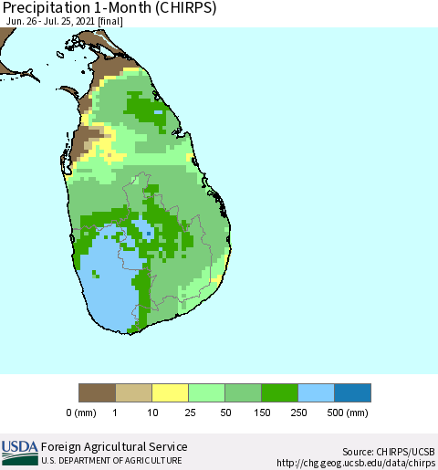 Sri Lanka Precipitation 1-Month (CHIRPS) Thematic Map For 6/26/2021 - 7/25/2021