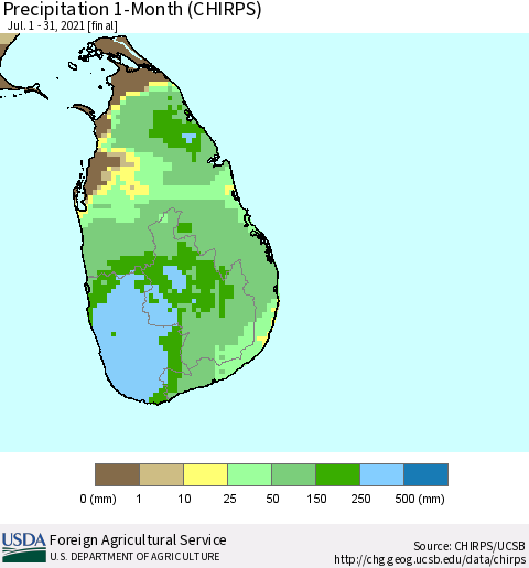 Sri Lanka Precipitation 1-Month (CHIRPS) Thematic Map For 7/1/2021 - 7/31/2021