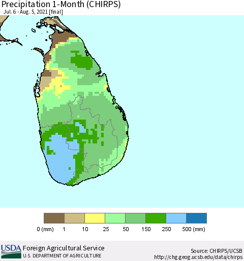 Sri Lanka Precipitation 1-Month (CHIRPS) Thematic Map For 7/6/2021 - 8/5/2021