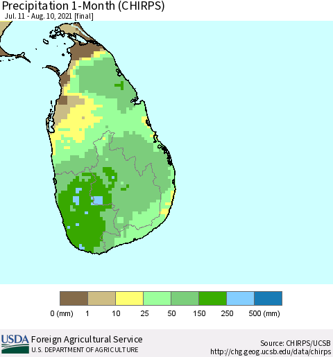 Sri Lanka Precipitation 1-Month (CHIRPS) Thematic Map For 7/11/2021 - 8/10/2021
