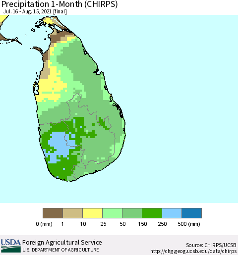 Sri Lanka Precipitation 1-Month (CHIRPS) Thematic Map For 7/16/2021 - 8/15/2021