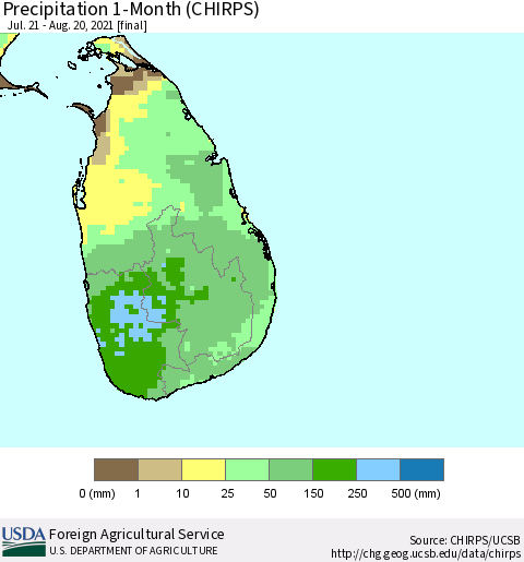Sri Lanka Precipitation 1-Month (CHIRPS) Thematic Map For 7/21/2021 - 8/20/2021