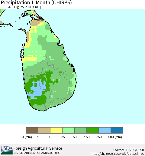 Sri Lanka Precipitation 1-Month (CHIRPS) Thematic Map For 7/26/2021 - 8/25/2021