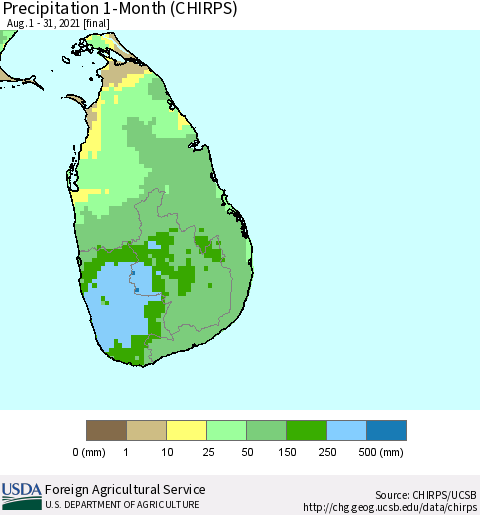 Sri Lanka Precipitation 1-Month (CHIRPS) Thematic Map For 8/1/2021 - 8/31/2021