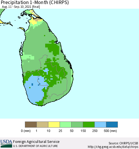 Sri Lanka Precipitation 1-Month (CHIRPS) Thematic Map For 8/11/2021 - 9/10/2021