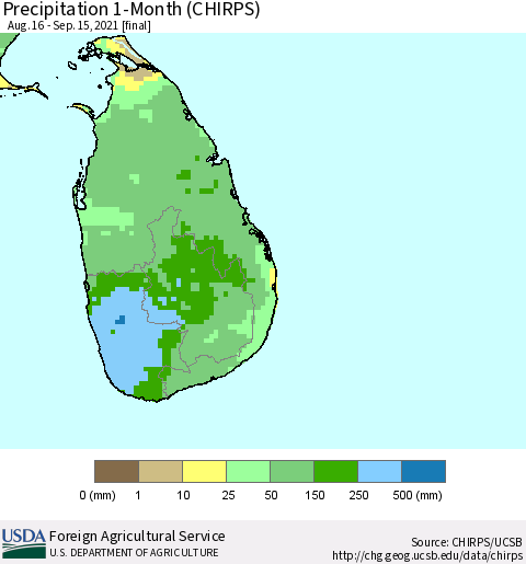 Sri Lanka Precipitation 1-Month (CHIRPS) Thematic Map For 8/16/2021 - 9/15/2021