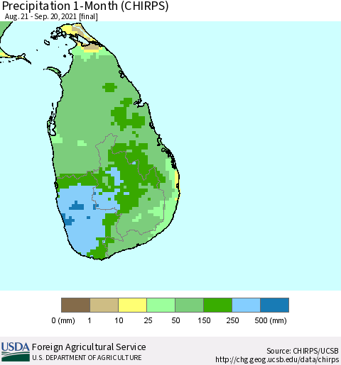 Sri Lanka Precipitation 1-Month (CHIRPS) Thematic Map For 8/21/2021 - 9/20/2021