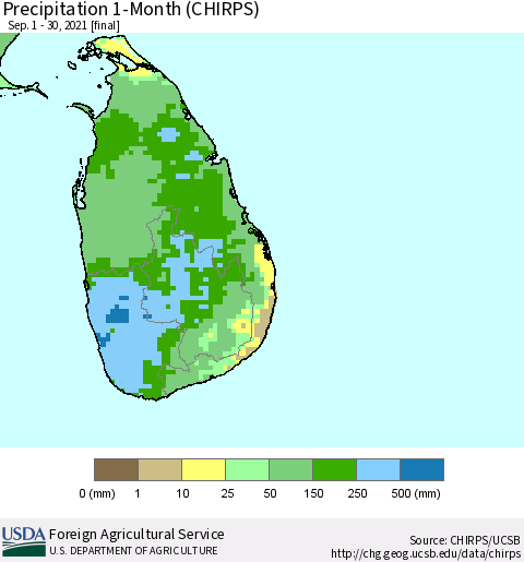 Sri Lanka Precipitation 1-Month (CHIRPS) Thematic Map For 9/1/2021 - 9/30/2021