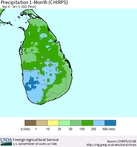 Sri Lanka Precipitation 1-Month (CHIRPS) Thematic Map For 9/6/2021 - 10/5/2021