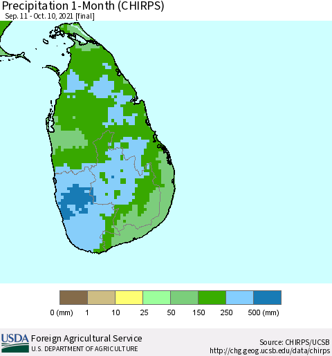Sri Lanka Precipitation 1-Month (CHIRPS) Thematic Map For 9/11/2021 - 10/10/2021