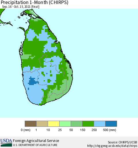 Sri Lanka Precipitation 1-Month (CHIRPS) Thematic Map For 9/16/2021 - 10/15/2021