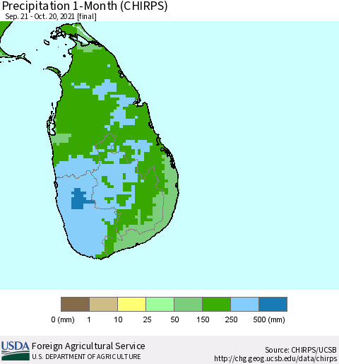 Sri Lanka Precipitation 1-Month (CHIRPS) Thematic Map For 9/21/2021 - 10/20/2021