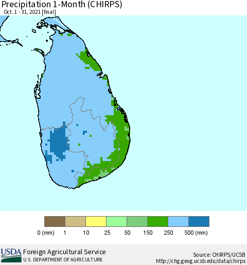 Sri Lanka Precipitation 1-Month (CHIRPS) Thematic Map For 10/1/2021 - 10/31/2021