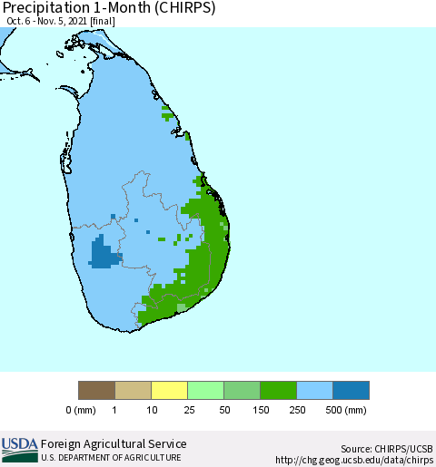 Sri Lanka Precipitation 1-Month (CHIRPS) Thematic Map For 10/6/2021 - 11/5/2021