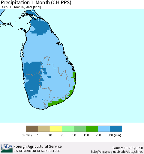 Sri Lanka Precipitation 1-Month (CHIRPS) Thematic Map For 10/11/2021 - 11/10/2021