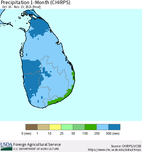 Sri Lanka Precipitation 1-Month (CHIRPS) Thematic Map For 10/16/2021 - 11/15/2021