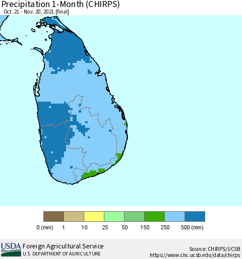 Sri Lanka Precipitation 1-Month (CHIRPS) Thematic Map For 10/21/2021 - 11/20/2021
