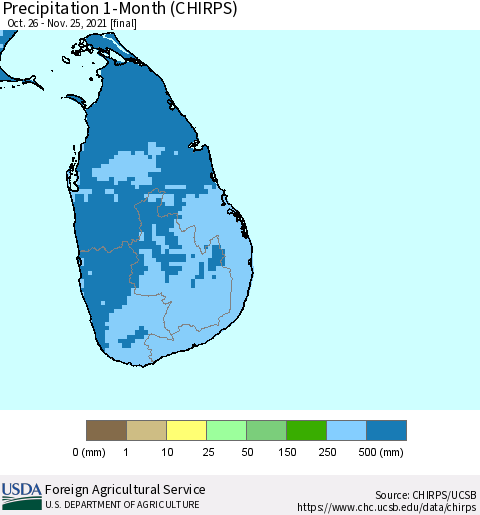 Sri Lanka Precipitation 1-Month (CHIRPS) Thematic Map For 10/26/2021 - 11/25/2021